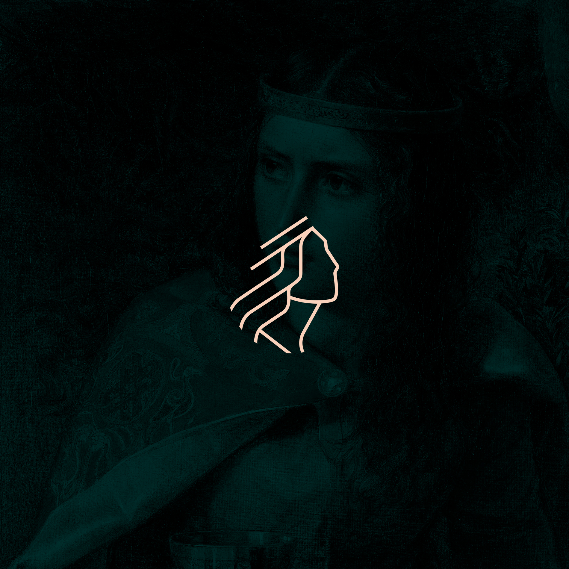 Aliénor logo mark displayed over a dark green-tinted historical portrait of Alienor d'Aquitaine.