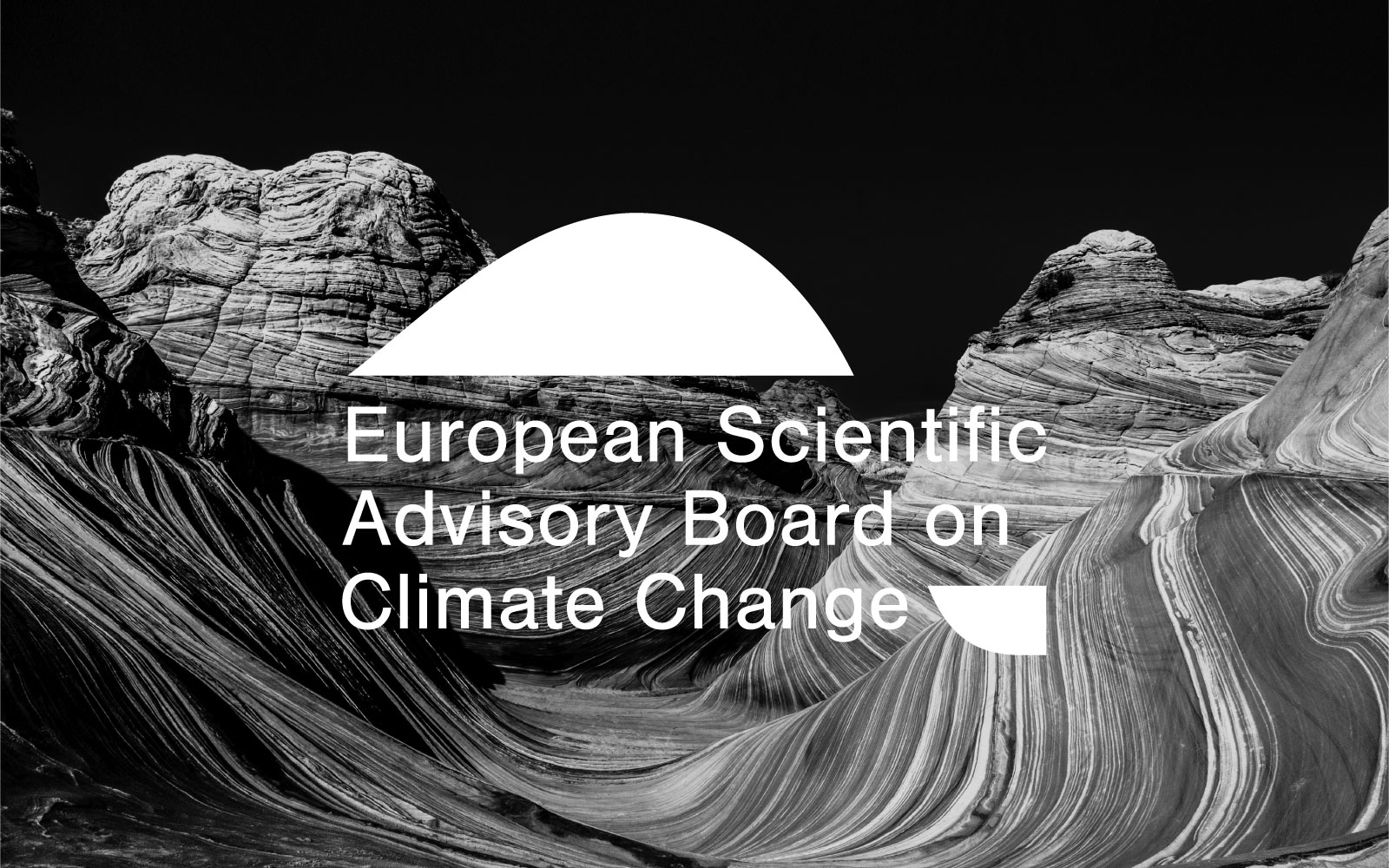 The European Scientific Advisory Board on Climate Change logo and wordmark displayed over a black and white photograph of layered rock formations.